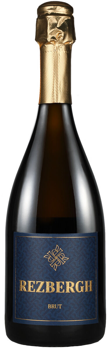 Eine elegante Flasche Crémant de Luxembourg BRUT mit goldenem Folienverschluss und dunkelblauem Etikett, stehend vor neutralem Hintergrund. Die Sektflasche wirkt hochwertig und eignet sich als festliches Getränk für besondere Anlässe.